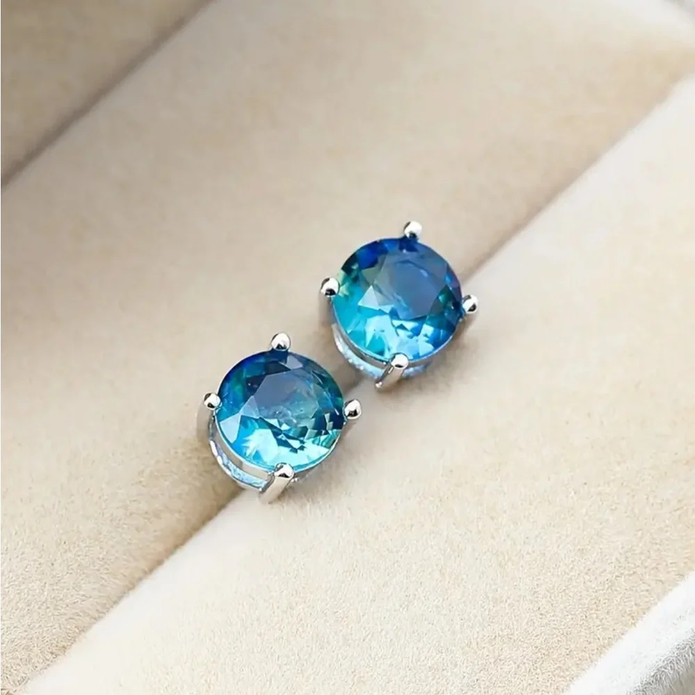 Blue Tourmaline Sterling Silver Stud Earrings - Picture 3 of 4